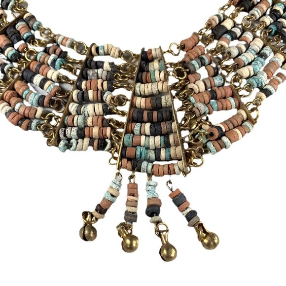 Unbranded Jewelry - Vintage Egyptian Faience Beads Necklace Clip Earrings Set Brass Mesh Collar